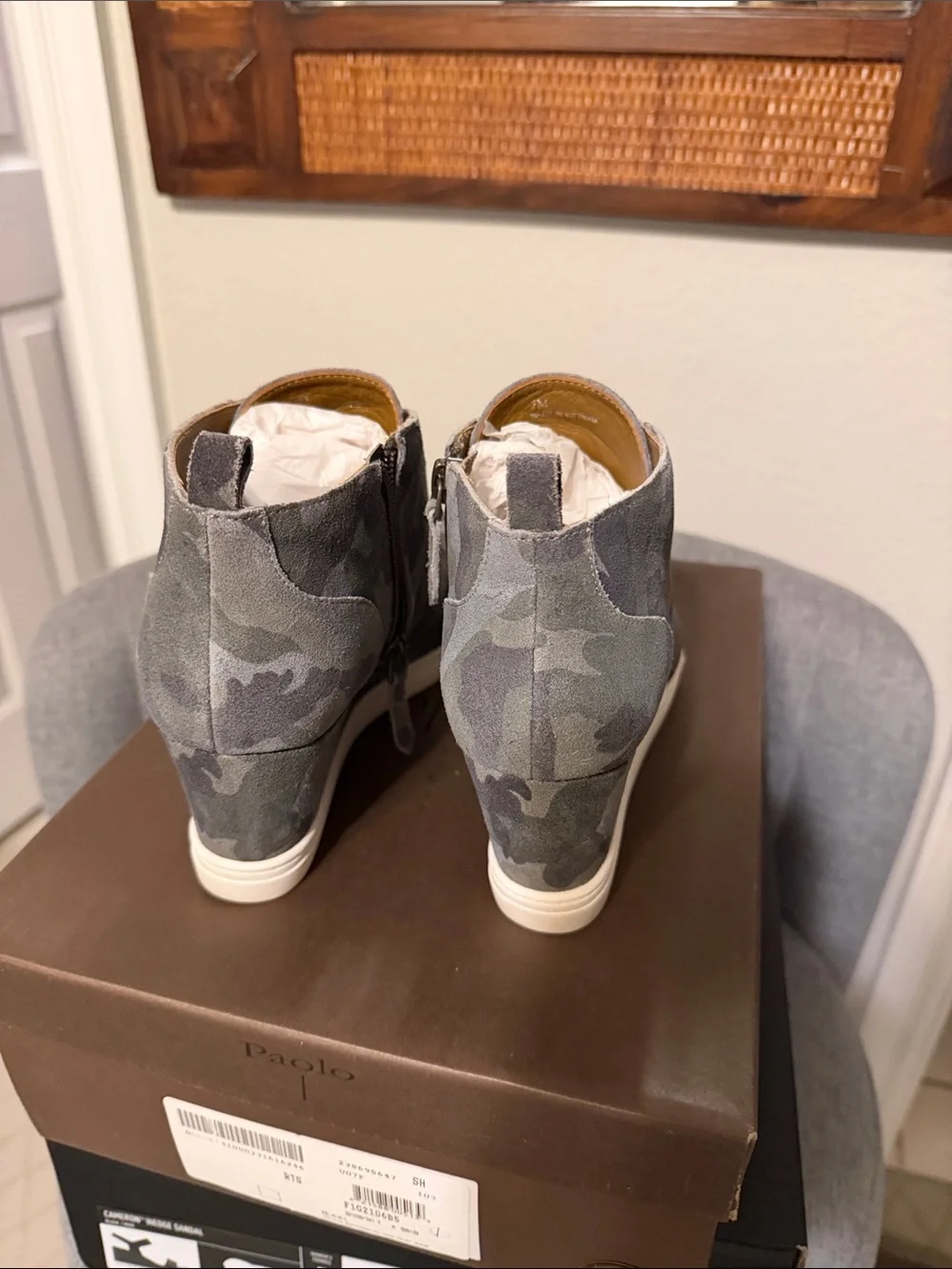 L. Paolo Camo Wedge Sneaker Booties in Green and Gray